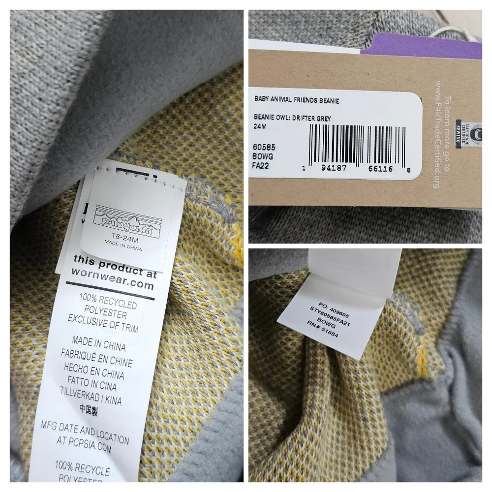 Patagonia Baby Animal Friends Beanie - Owl - 18-24 Months Grey